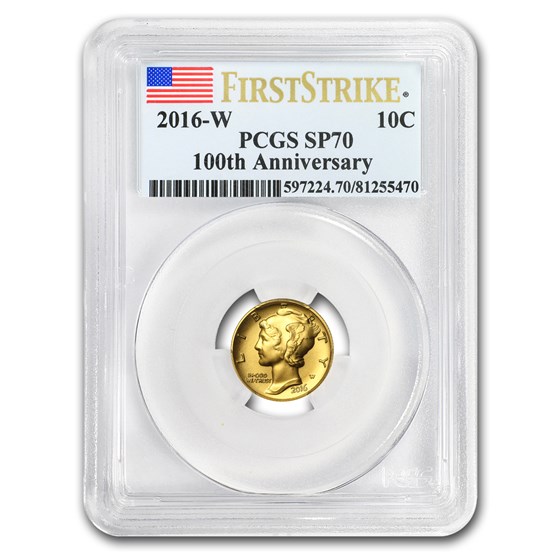 2016-W 1/10 Gold Mercury Dime SP-70 PCGS (FS, Flag Label) 2016-W 1/10 Gold Mercury Dime SP-70 PCGS (FS, Flag Label)